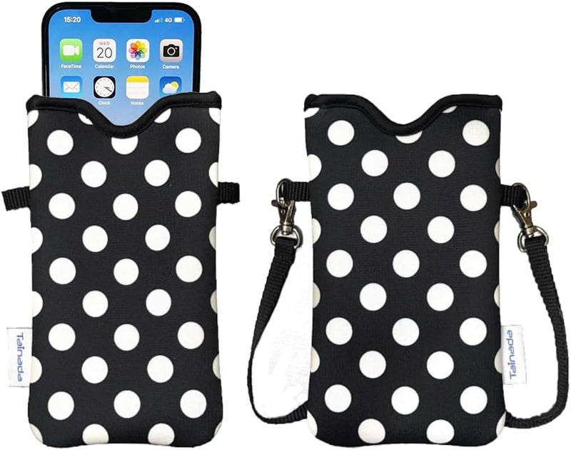 Tainada Men Women Neoprene Cell Phone Sleeve Pouch Case Bag w/Crossbody Strap/Neck Lanyard for iPhone 17/16 Pro Max, Air, 16/15 Plus, Samsung S25+, S25, S24, A56, Z Fold7 (Black White Polka Dots) - Image 1